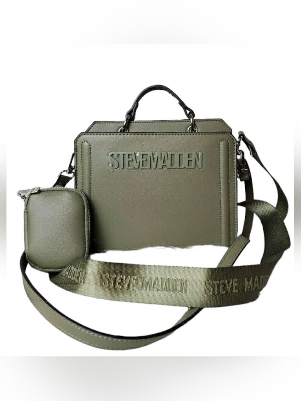 Pre-LovedSteve Madden Olive Green Messenger Bag w Logo Strap & Coin Purse